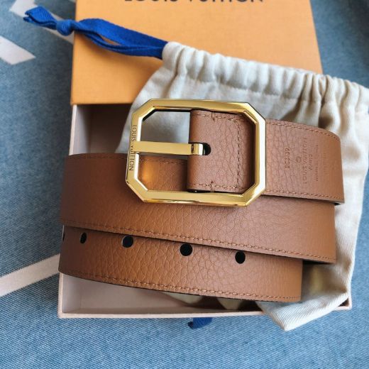 High-End 40MM Brown & Black Taurillon Leather Strap Gold Buckle Branded Tag -  Louis Vuitton Square Neutral Belt