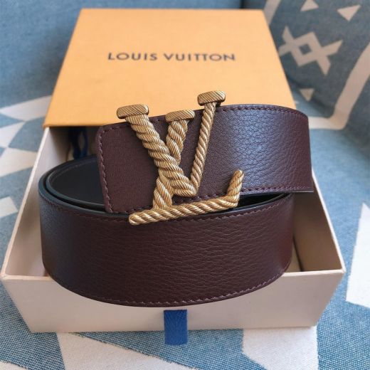 Vogue Burgundy Calfskin Leather Strap Twist Gold LV Buckle Needle Edge Initiales M0123 -  Louis Vuitton Female Belt 