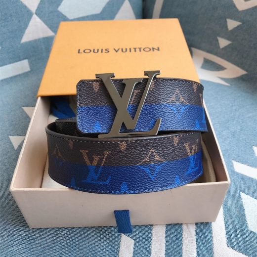  Louis Vuitton Initilaes Brown Monogram Waistband Decorated Blue Striped Detail LV Monogram Printing 40MM Beltsash For Men