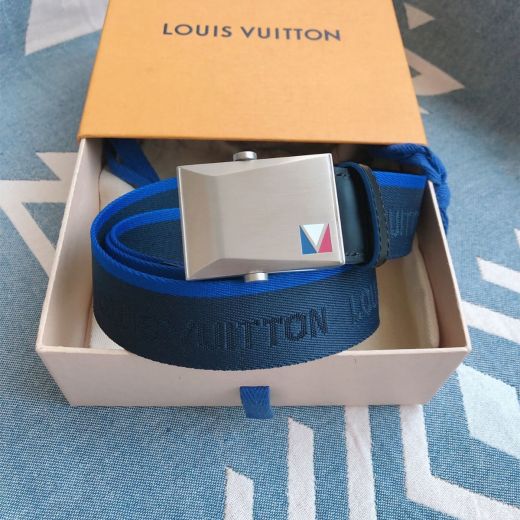 Dupe Louis Vuitton Square Blue-Black Canvas Strap Leather Detail Brand Mark Lettering Automatic Buckle Male 40MM Belt 