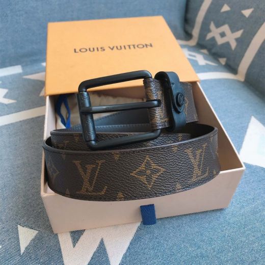  Louis Vuitton Brown Monogram Strap Embellished Belt Loop & Mini LV Logo Black Rubber Pin Buckle Unisex Square Beltsash 
