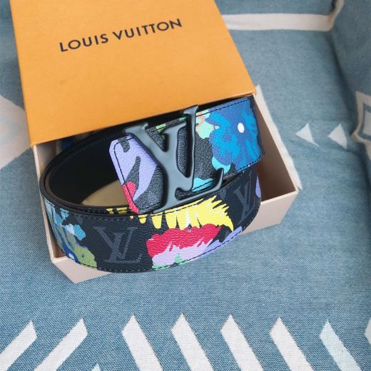 Clone Louis Vuitton Black Textured-Leather Strap Decorated Multi-color Pattern & LV Monogram Rubber Pin Buckle Male Belt