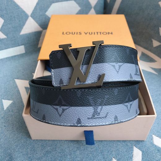  Louis Vuitton 40MM Black-Grey Patchwork Striped Waistband LV Monogram Silver Pin Buckle Male Square Beltsash