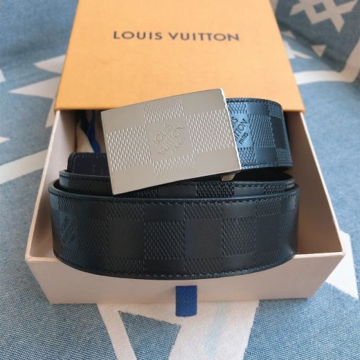  Louis Vuitton M0023 35MM Black Tartan Strap PVC Leather Back Silver Pin Buckle Belt For Men