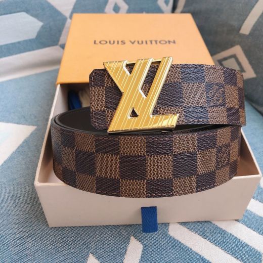  Louis Vuitton Initiales 40MM Damier Strap Finished Twill LV Buckle Gold Detail Square Beltsash For Men