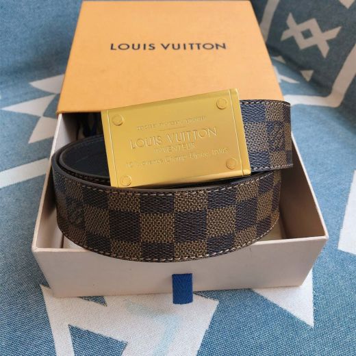  Louis Vuitton Brown Damier Waistband Needle Edge Square Pin Buckle Brand Mark Black Tartan Back Male Belt 