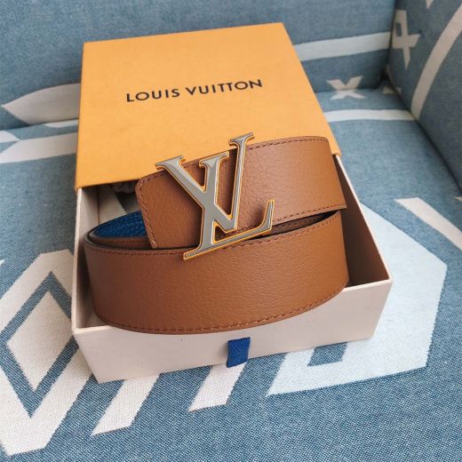  Louis Vuitton 40MM Bi-Color Design Leather Waistband Ivory LV Buckle Yellow Trim Reversible Belt For Adult 