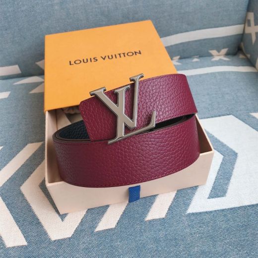 Knockoff Louis Vuitton Initiales Black & Fuchsia Cowhide Leather Straps Silver LV Pin Buckle Stitched Detail Unisex Beltsash