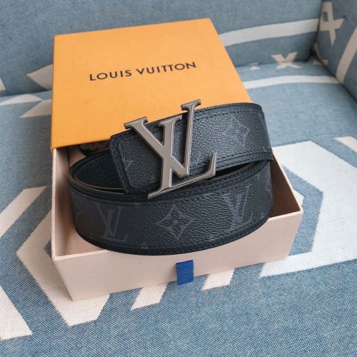  Louis Vuitton Grey Monogram Leather Strap Black Needle Edge Trim Steel LV Pin Buckle Male Reversible Beltsash