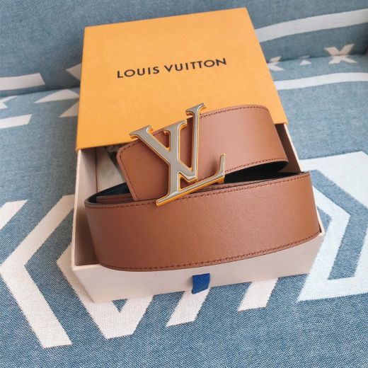 High-End 40MM Brown-Black Leather Waistband Silver Pin Buckle Yellow Trim Reversible -  Louis Vuitton Neutral Belt 