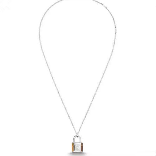 High Quality Louis Vuitton Lockit White Gold LV Logo Pattern Fashion Tiger Eye Stone Padlock Charm Men Long Necklace For Sale
