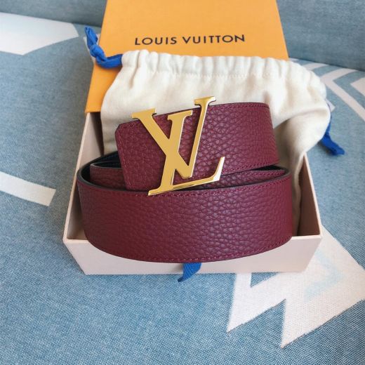 Classic Burgundy-Black Calfskin Leather Strap Textured Detail Gold LV Buckle -  Louis Vuitton Ladies Reversible Belt