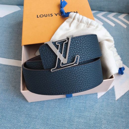 Unique Blue Textured-Leather Strap Tan Back Pin Buckle Cutout Detail Initiales -  Louis Vuitton Neutral Belt