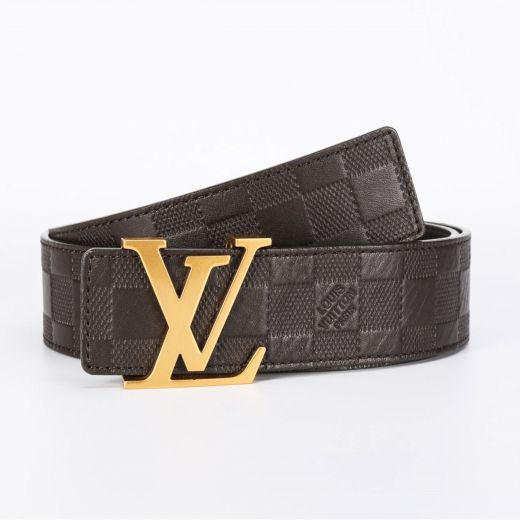 Popular Black Tartan Leather Waistband Brand Mark Gold Buckle Needle Edge Initiales - Clone Louis Vuitton Belt For Men