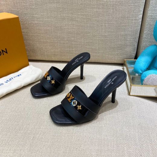 Good Quality Louis Vuitton Revival High Heel Gold LV Monogram Studs Black Leather Lady  9 cm Mules 1A8W1A