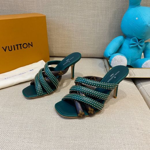 Fashion Style Louis Vuitton Revival Silver Studs Female High End Leather & Monogram Canvas High-heel Mules Green/Black/Tan