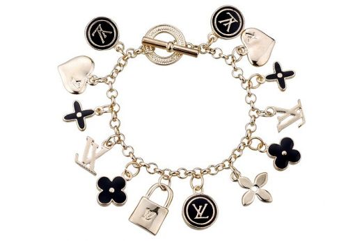 Vogue Gold Louis Vuitton Bracelet With Black Enamel Heart&Lock Shaped Pendants LV Logo For Ladies