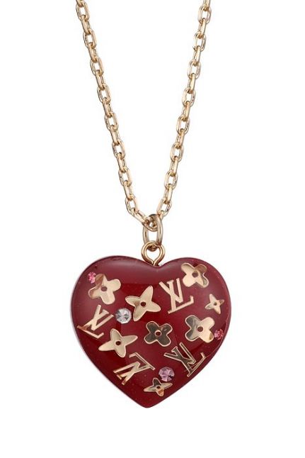 Chic Louis Vuitton Monogram Flower Detail Necklace Red-heart Design Diamond Decked Italy Lady 