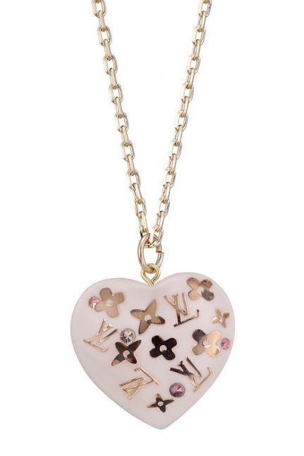 Louis Vuitton White Heart Pendant Engraved Monogram Flowers Personalized Necklace Women 