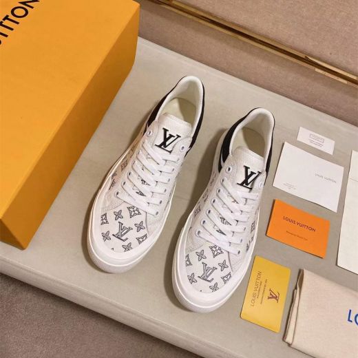 Louis Vuitton Celebrity Same Striped Detail Fashion Monogram Printing Male Classic White Fabric Lace-up Sneakers 