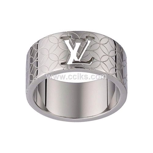 Louis Vuitton Champs-Elysées Hollowed-out LV Logo Motif Tone Band Ring For Men Silver/Black Titanium Steel 