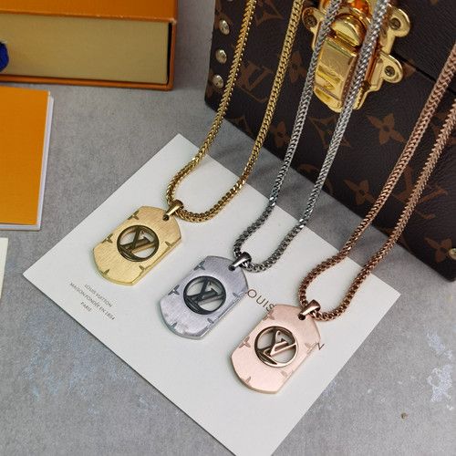High-End Men Louis Vuitton Nanogram Thick Chain Hollowed-out LN Detail Monogram Flower Pattern Tag Pendant Necklace Silver/Yellow Gold/Rose Gold