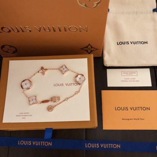 2022 Louis Vuitton Blossom White/Gray Mother Of Pearl Five Monogram Flowers  Rose Gold Plated Chain Bracelet For Ladies
