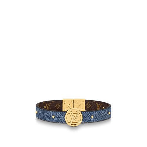 High Quality Louis Vuitton Circle Reversible Yellow Gold Denim Blue Canvas Brown Leather Logo Monogram Bracelet For Lovers M6561E