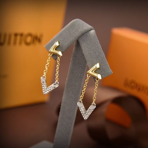 Fashion Louis Vuitton LV Volt Silver Paved Diamonds V-shaped Pendant Yellow Gold Upside Down V Women Two-tone  Chain Drop Earrings Q96973