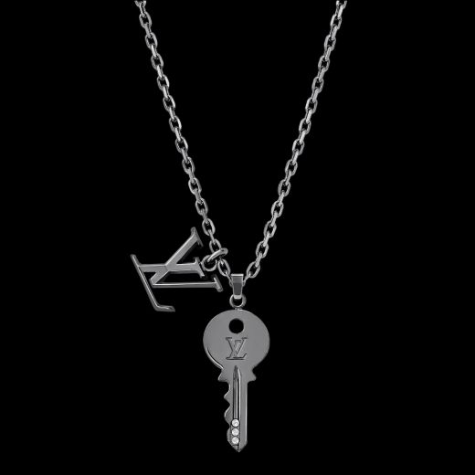 Street Fashion Louis Vuitton Men'S LV Letters & Inlaid Crystal Key Pendant Metal Necklace Silver/Black Low Price UK