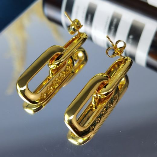  Louis Vuitton Ladies Edge Double Link Gold/Silver One Side Monogram Engravings Earrings High End MP2990