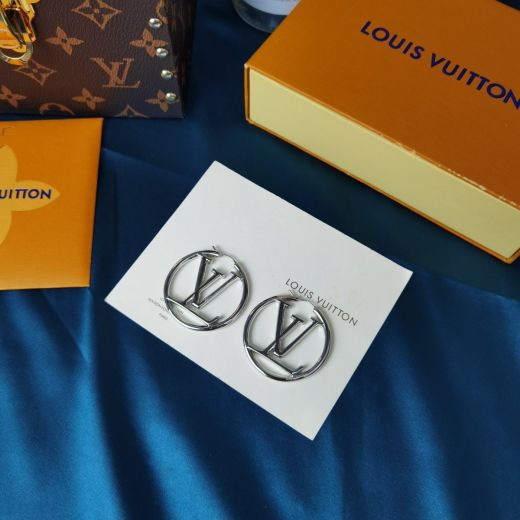Copy Low Price Louis Vuitton Silver Louise LV Logo Design Cutout Hoop Earrings For Women Simple Style M80136