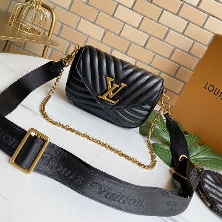 Chic Louis Vuitton Female New Wave Multi-pochette Black Quilted Leather Coin Purse Envelope Flap Chain Bag M56461