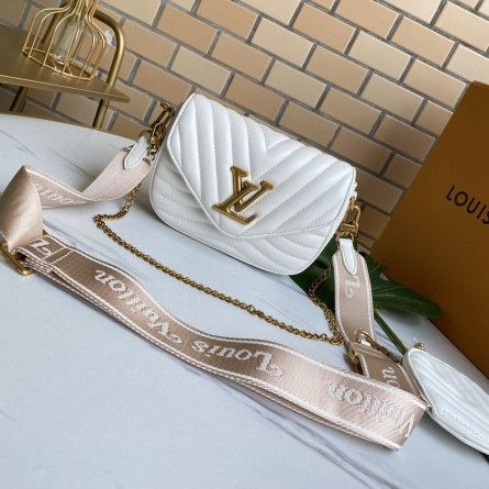 Latest Style Louis Vuitton New Wave Multi-pochette White Quilted Leather Studs Detail LV Logo Signature Women Chain Bag M56466