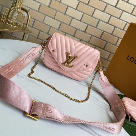 Women's Sweet Style Louis Vuitton New Wave Multi-pochette Chain Strap LV Signature Pink Quilted Cow Leather Crossbody Bag