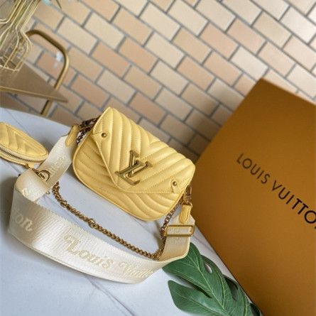  Cheapest Louis Vuitton New Wave Multi-pochette LV Magnetic Wide Strap Studs Detail Women Light Yellow Chain Handbag