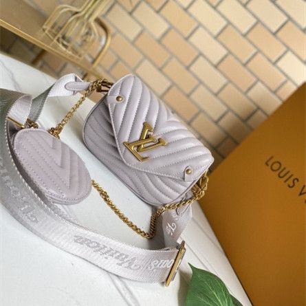 Fashion Louis Vuitton New Wave Multi-Pochette Brume Gray Quilted Cowhide Leather Golden Chain Women Flap Bag