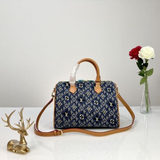 Most Fashion Louis Vuitton Since 1854 Speedy Bandoulière 25 Blue Textile Monogram Jacquard Beige Leather Boston Bag M57400
