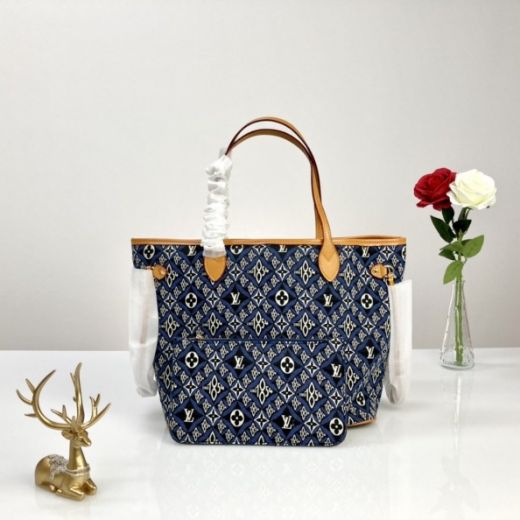 Louis Vuitton Since 1854 Neverfull MM Monogram Pattern Beige Leather Female Blue Textile Tote Bag M57484 