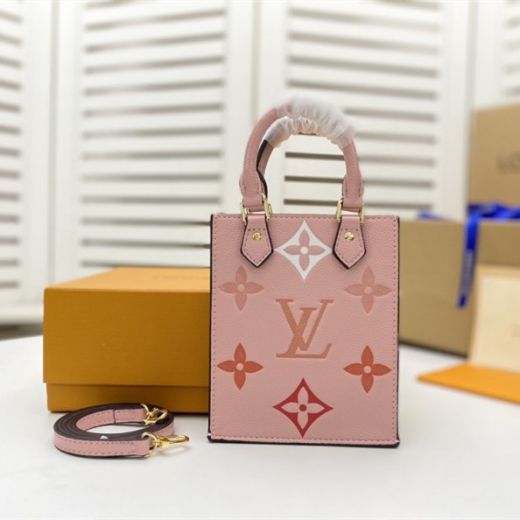 New Style Louis Vuitton Petit Sac Plat Monogram Embossed Pink Grained Leather Double Top Handles Women Crossbody Bag