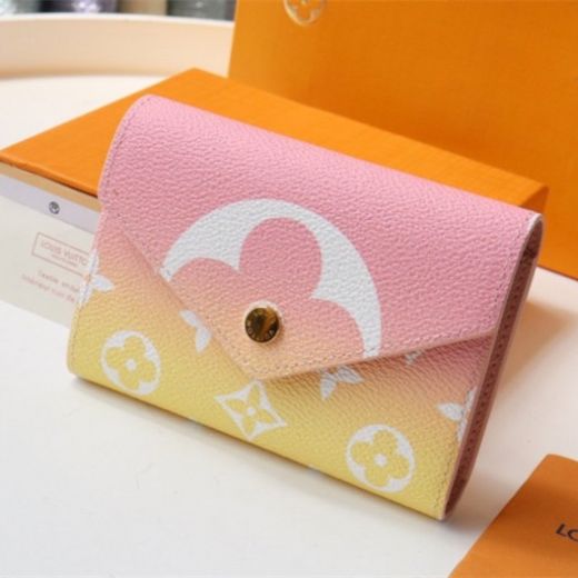 Louis Vuitton Sweet Style Victorine Pink-Yellow Canvas Monogram Printing Envelope Flap Women Short Wallet  