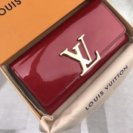 Louis Vuitton Top Sale Portefeuille LV Shaped Snap Button Female Dark Red Patent Leather Long Flap Wallet Online