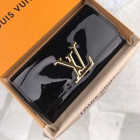 Women's Classic Louis Vuitton Portefeuille Black Vernis Leather Bifold Style Yellow Gold LV Detail Long Flap Wallet