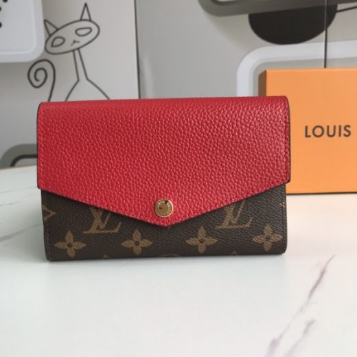 Celebrity Style Louis Vuitton Sarah Cowhide Leather Monogram Coated Brown Canvas Snap Button Closure Women  Flap Wallet 