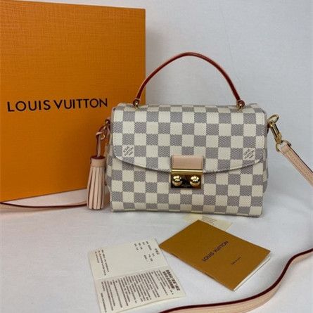 Top Sale Louis Vuitton Croisette Beige Leather Tassel Pendant S-lock Detail Women Damier Azur White Canvas Flap Bag N41581
