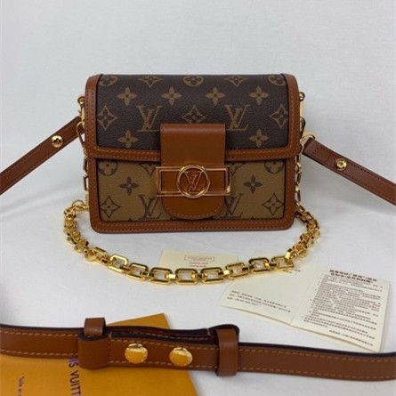 Spring Louis Vuitton Mini Dauphine Golden LV Lock Monogran & Monogram Reverse Coated Canvas Crossbody Bag