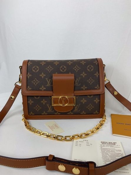 Top Handle Louis Vuitton Dauphine MM LV Magnetic Lock Chain Strap Women  Monogram Coated Canvas Flap Bag