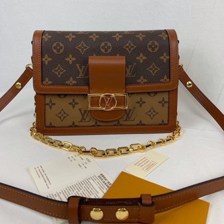 Best Louis Vuitton Dauphine MM Chain Strap LV Magnetic Lock Women Monogram Reverse Coated Canvas Bag M44391