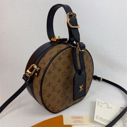 Hot Selling Louis Vuitton Petite Boite Chapeau M43514 Black Leather Monogram Canvas Belt Top Handle Buckle Detail Handbag