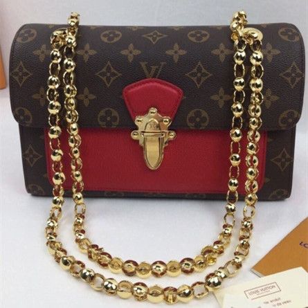 Women's Popular Louis Vuitton Victoire Golden Sliding Chian Strap Red Leather Monogram Coated Canvas Flap Bag M41731